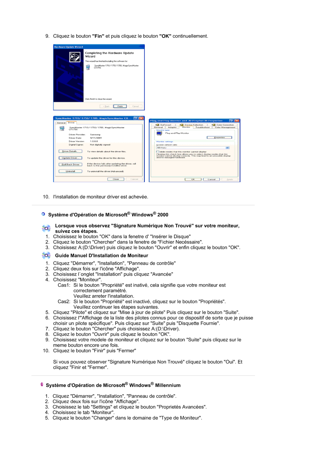 Samsung LS17HALEBB/EDC manual Guide Manuel DInstallation de Moniteur, Système dOpération de Microsoft Windows Millennium 