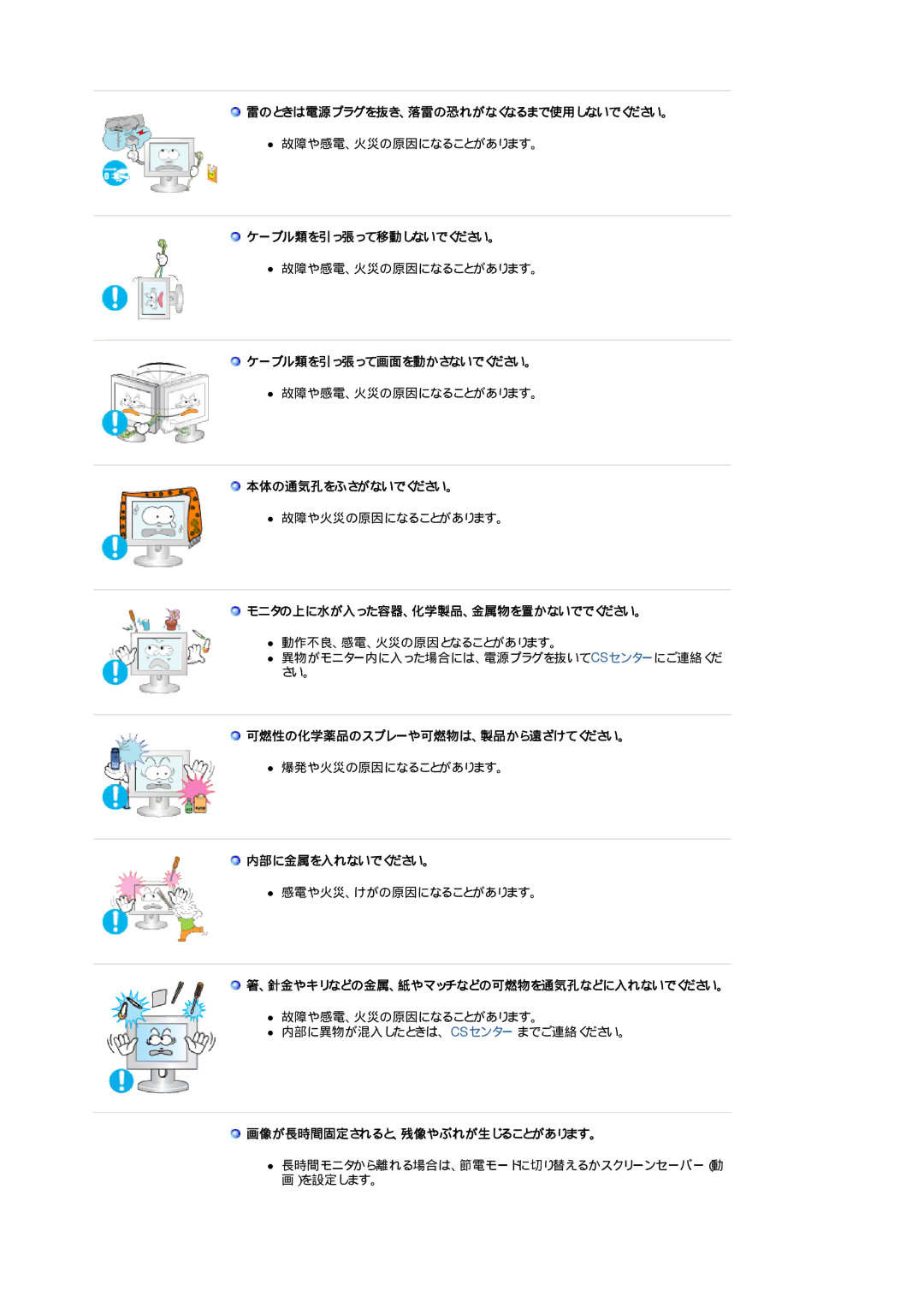 Samsung LS17HALTS/XSJ manual 雷のときは電源プラグを抜き、落雷の恐れがなくなるまで使用しないでください。, ケーブル類を引っ張って移動しないでください。, ケーブル類を引っ張って画面を動かさないでください。 