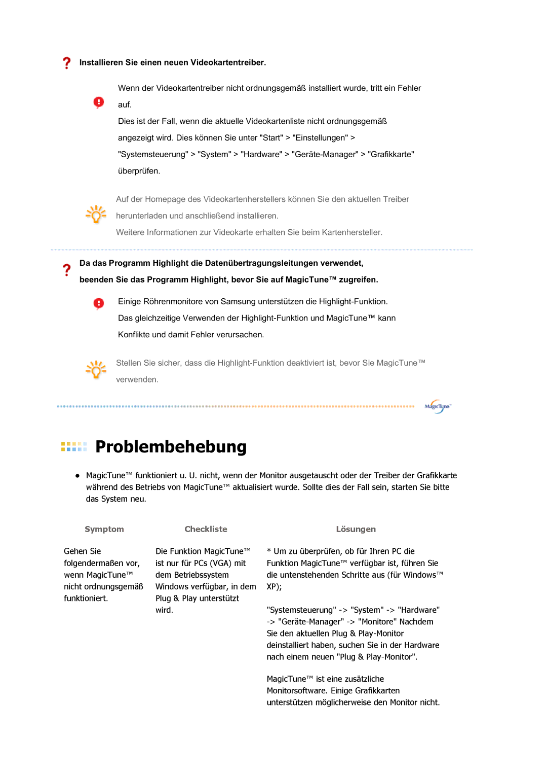 Samsung LS17HAAES/EDC, LS19HABTS7/EDC, LS17HABTS7/EDC Installieren Sie einen neuen Videokartentreiber, Symptom Checkliste 