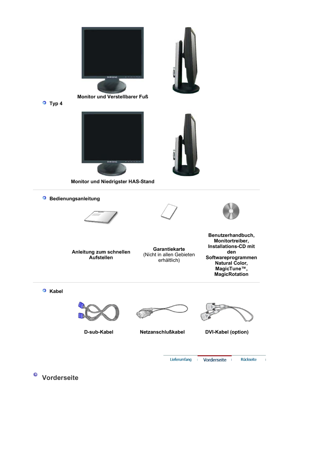 Samsung MJ19BSTSQ/EDC manual Installations-CD mit, Anleitung zum schnellen Den, Aufstellen, Natural Color, MagicTune 