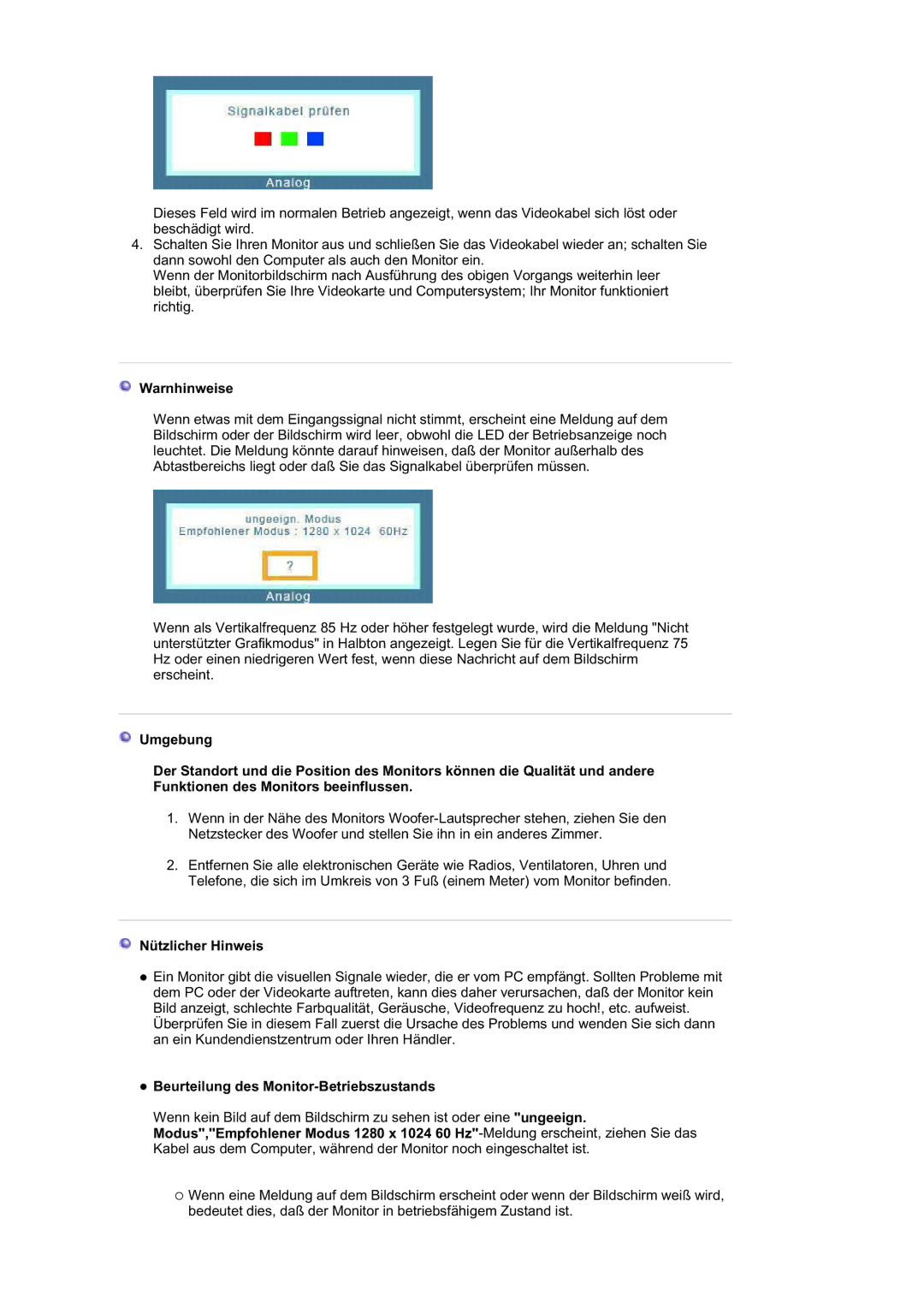 Samsung LS19HAAESB/EDC, LS19HABTS7/EDC manual Warnhinweise, Nützlicher Hinweis, Beurteilung des Monitor-Betriebszustands 