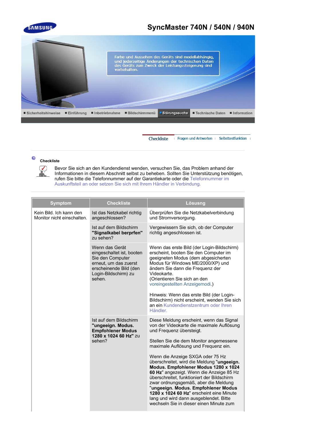 Samsung LS17HAAKS/EDC, LS19HABTS7/EDC manual Signalkabel berprfen, Ungeeign. Modus, Empfohlener Modus, 1280 x 1024 60 Hz zu 