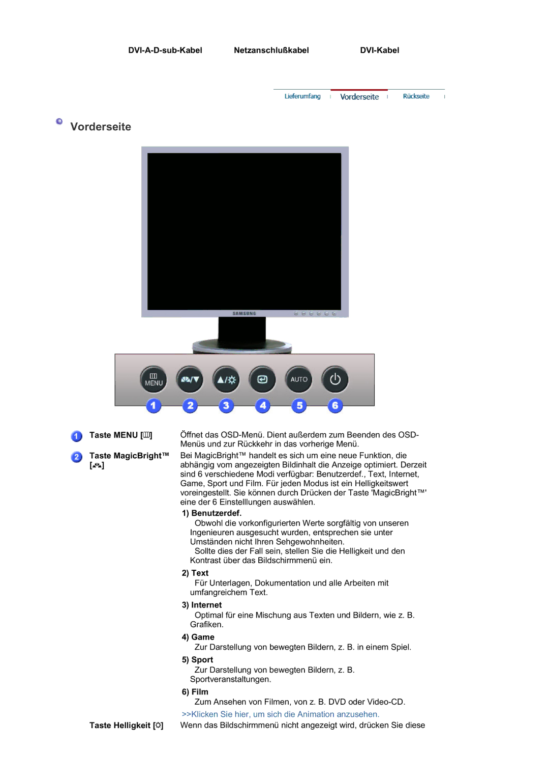 Samsung LS17HABTSQ/EDC, LS19HABTS7/EDC, LS17HABTS7/EDC manual DVI-A-D-sub-Kabel Netzanschlußkabel DVI-Kabel, Benutzerdef 