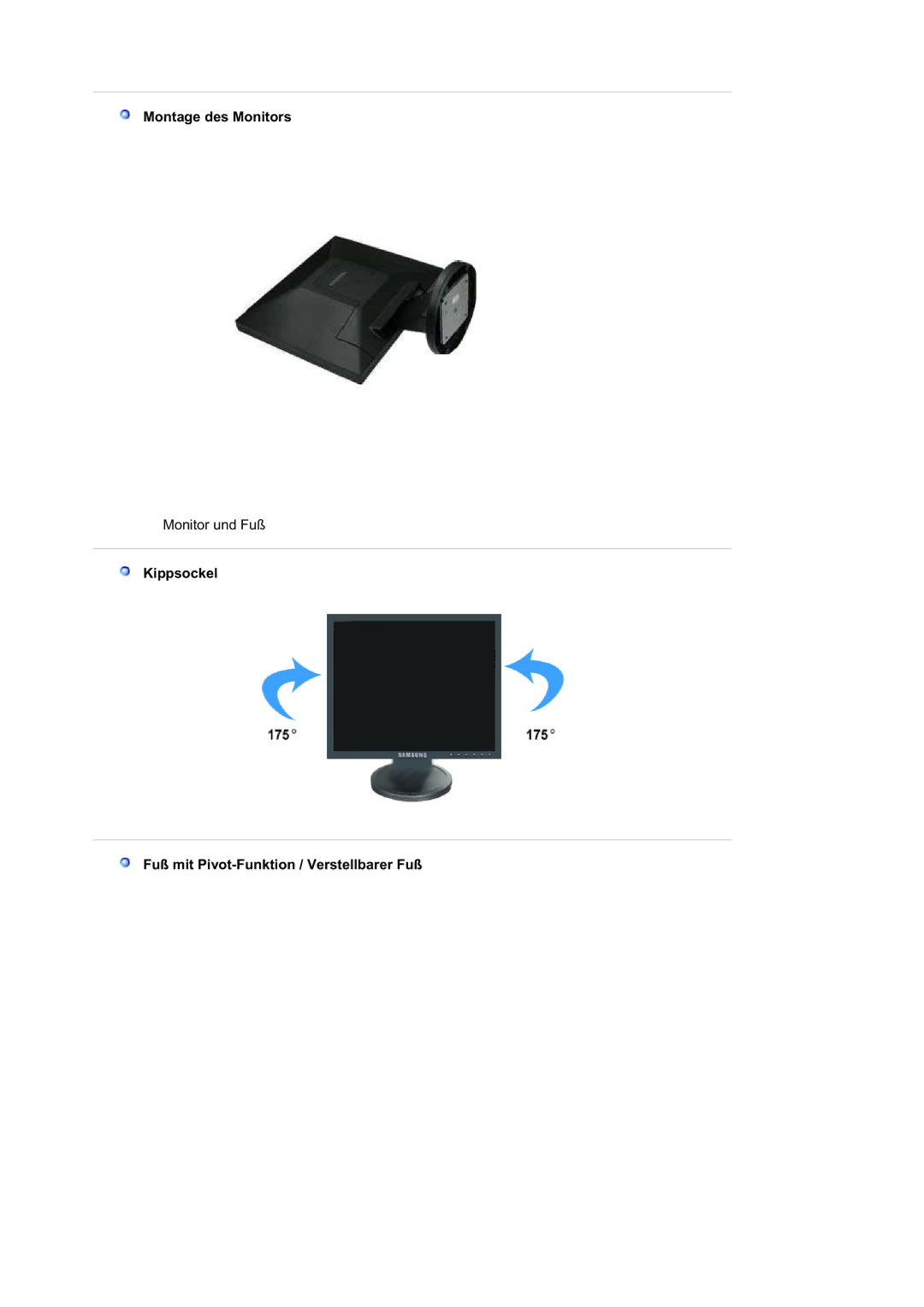 Samsung LS19HATTSQ/EDC, LS19HABTS7/EDC manual Montage des Monitors, Kippsockel Fuß mit Pivot-Funktion / Verstellbarer Fuß 