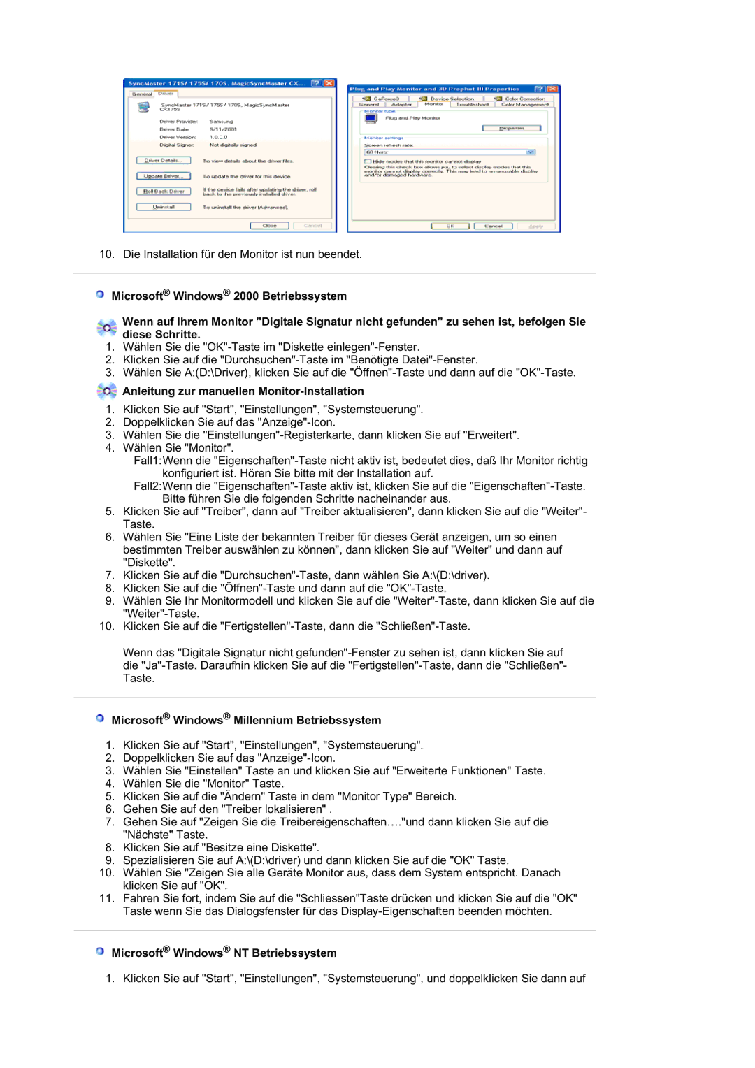 Samsung LS17HATESQ/EDC manual Anleitung zur manuellen Monitor-Installation, Microsoft Windows Millennium Betriebssystem 