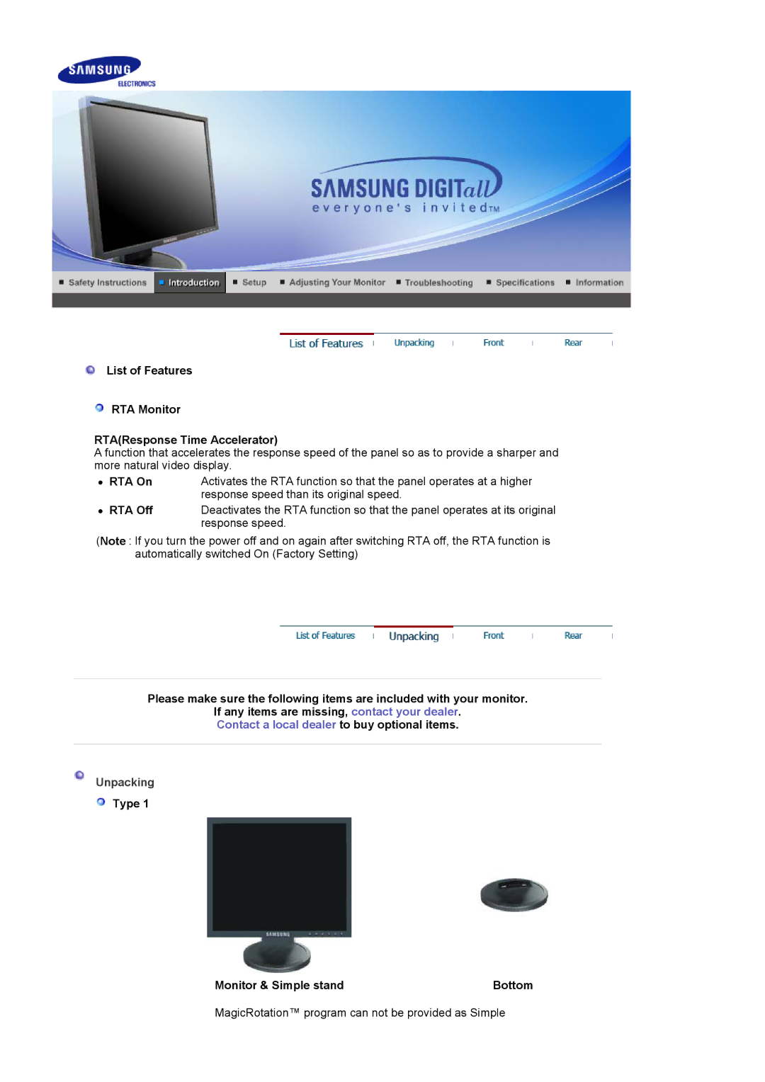 Samsung LS17HADKSH/EDC manual List of Features RTA Monitor RTAResponse Time Accelerator, RTA On, RTA Off, Unpacking 