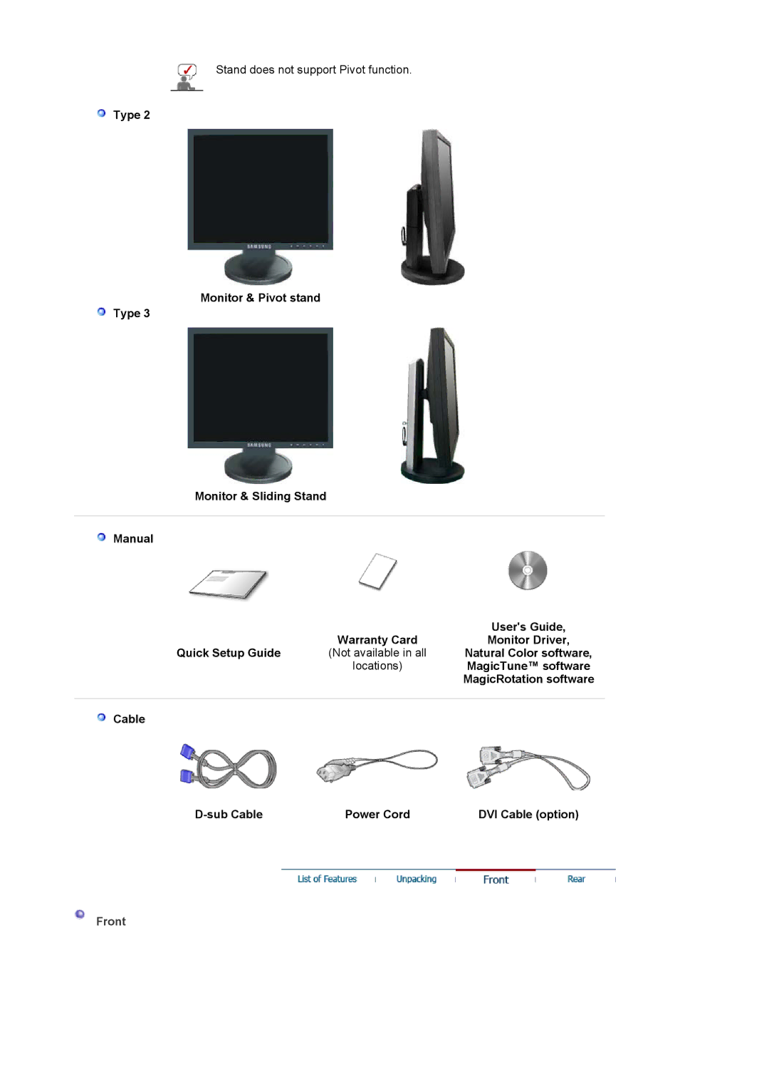 Samsung LS17HADTBX/XSE Natural Color software, MagicRotation software, Cable Sub Cable Power Cord DVI Cable option, Front 