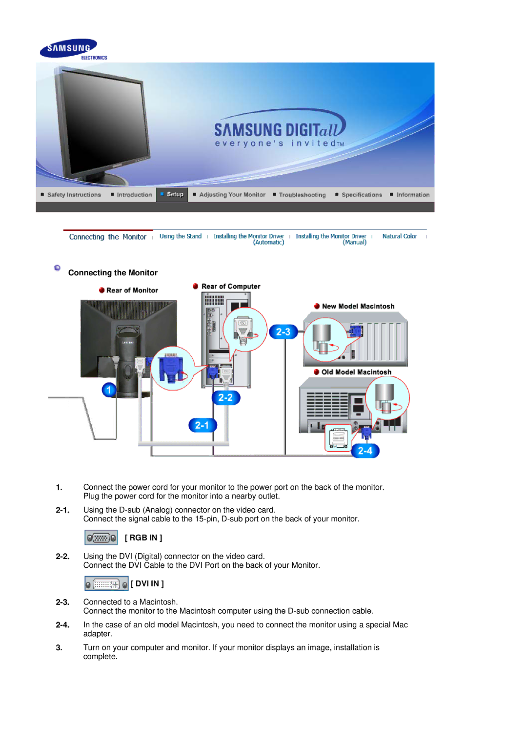 Samsung LS17HADKSH/XSG, LS19HADKSH/EDC, LS19HADKB9/XSJ, LS17HADKBE/XST, LS17HADKB9/XSJ manual Connecting the Monitor, Rgb, Dvi 