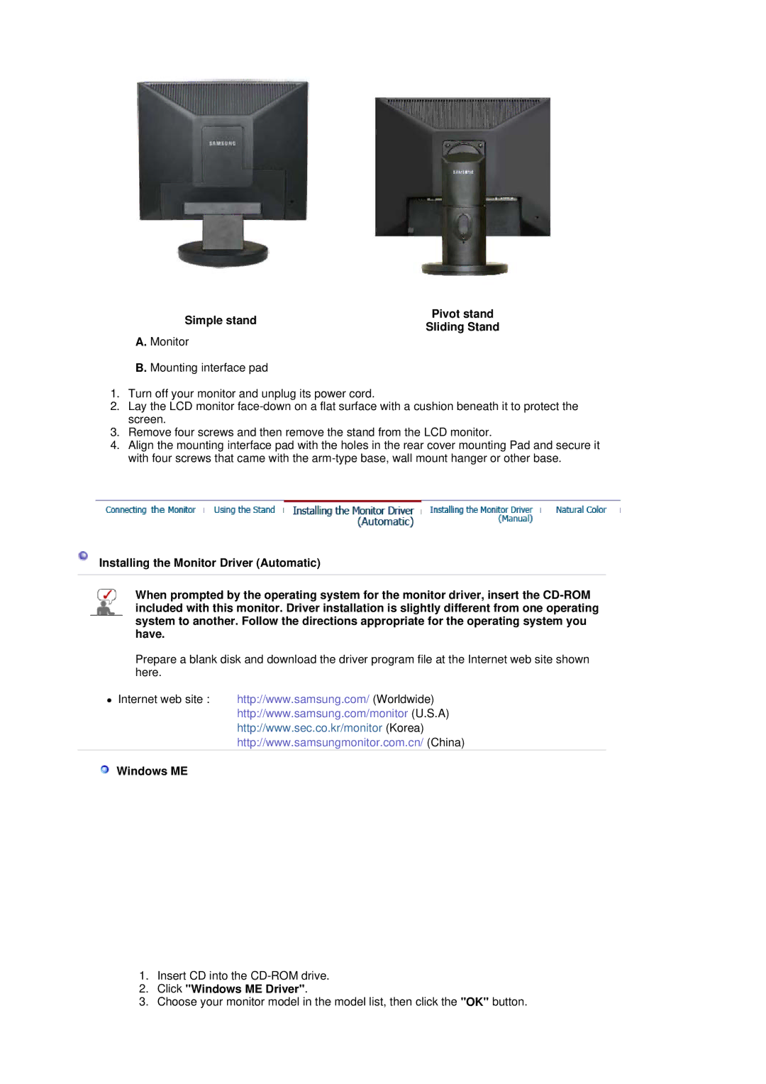 Samsung LS17HADKSD/SAI, LS19HADKSH/EDC, LS19HADKB9/XSJ Simple stand Pivot stand Sliding Stand, Click Windows ME Driver 