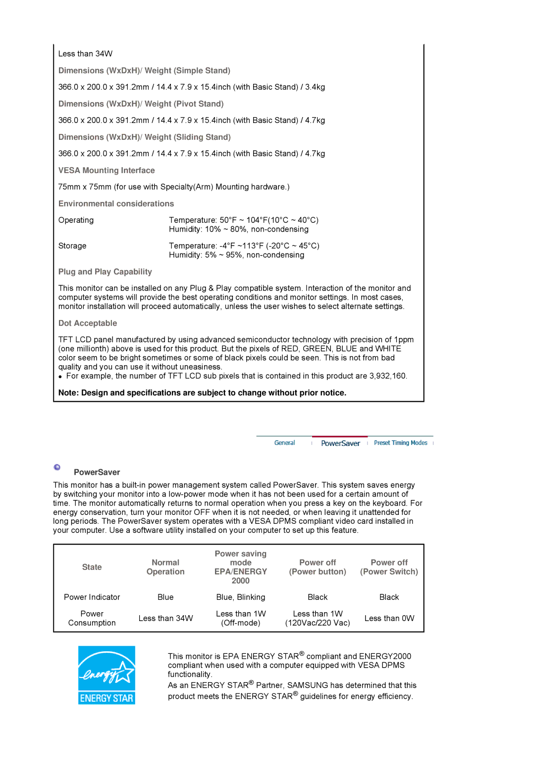 Samsung LS17HADTBX/XSE, LS19HADKSH/EDC, LS19HADKB9/XSJ, LS17HADKBE/XST manual Environmental considerations, PowerSaver 