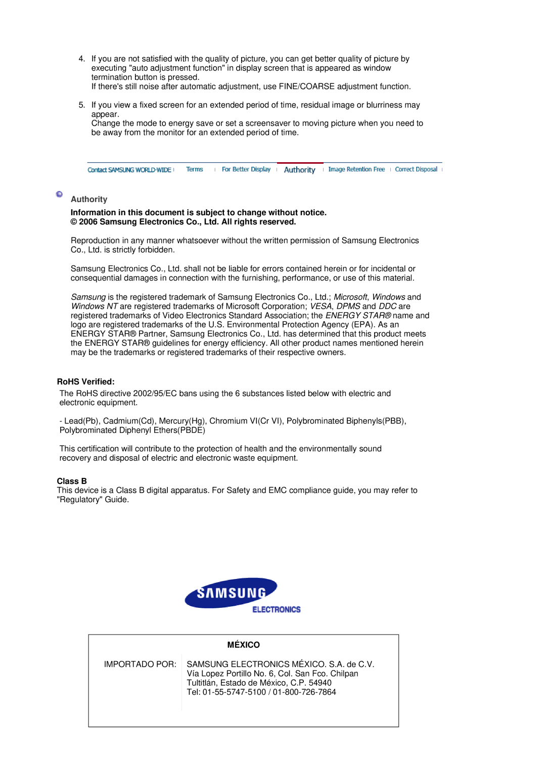 Samsung LS19HADKB9/XSJ, LS19HADKSH/EDC, LS17HADKBE/XST, LS17HADKB9/XSJ, LS19HADKB8/XSJ manual Authority, RoHS Verified, Class B 