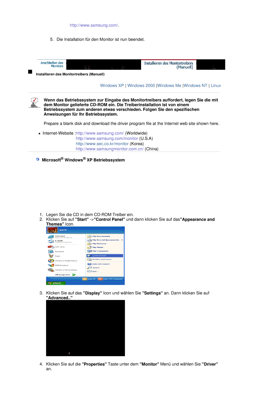 Samsung LS19HADKSH/EDC, LS19HADKSP/EDC, LS19HADKSE/EDC, LS17HADKSX/EDC manual Microsoft Windows XP Betriebssystem, Advanced 