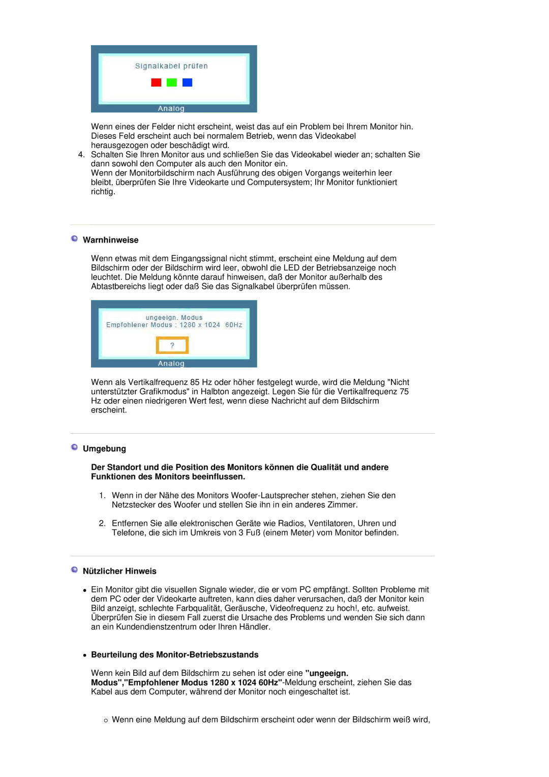 Samsung LS19HADKS7/EDC, LS19HADKSH/EDC manual Warnhinweise, Nützlicher Hinweis, Beurteilung des Monitor-Betriebszustands 