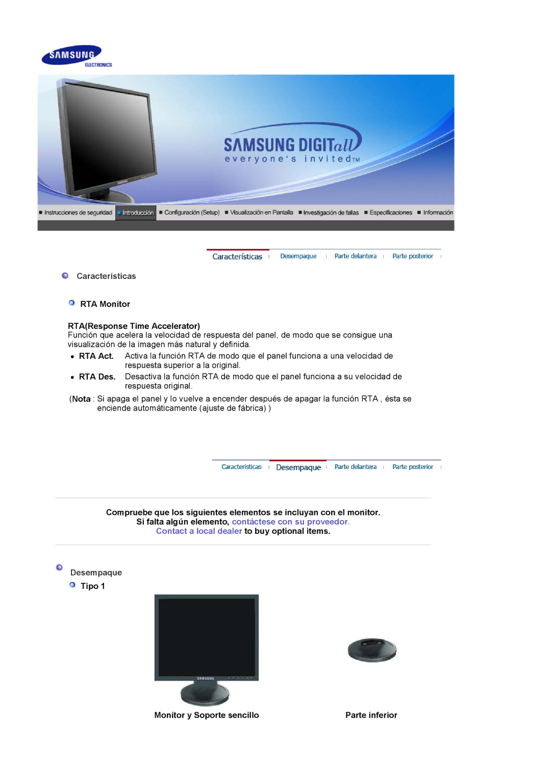 Samsung LS17HADKSX/EDC, LS19HADKSP/EDC manual Características, RTA Monitor RTAResponse Time Accelerator, Desempaque 