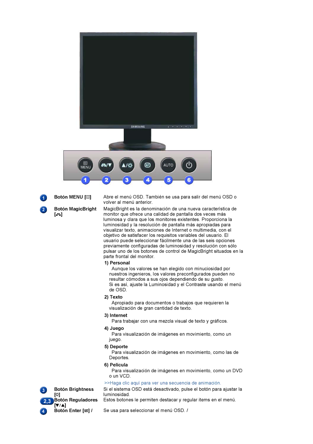 Samsung LS19HADKSP/EDC Botón Menu, Personal, Texto, Internet, Juego, Deporte, Película, Botón Brightness, Botón Enter 