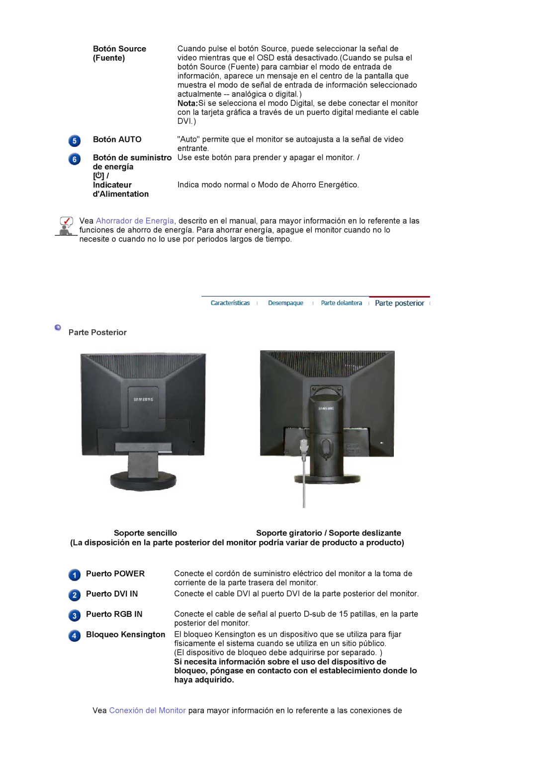 Samsung LS19HADKSE/EDC, LS19HADKSP/EDC, LS17HADKSX/EDC, LS17HADKSH/EDC manual Parte Posterior 