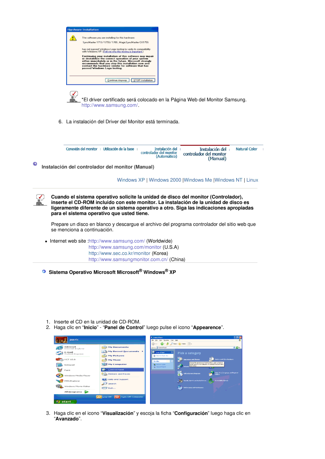 Samsung LS17HADKSH/EDC Instalación del controlador del monitor Manual, Sistema Operativo Microsoft Microsoft Windows XP 