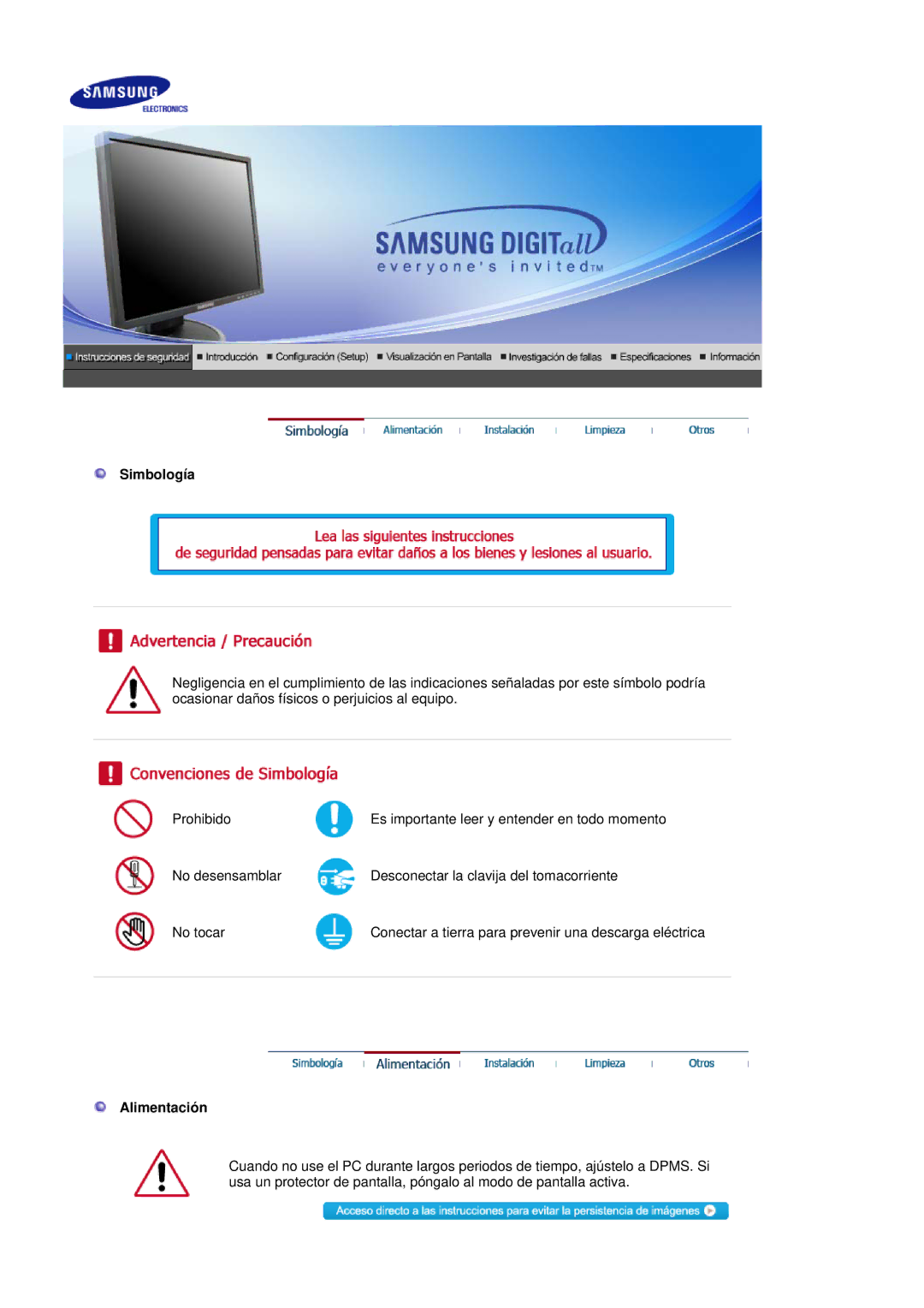 Samsung LS17HADKSX/EDC, LS19HADKSP/EDC, LS19HADKSE/EDC, LS17HADKSH/EDC manual Simbología, Alimentación 