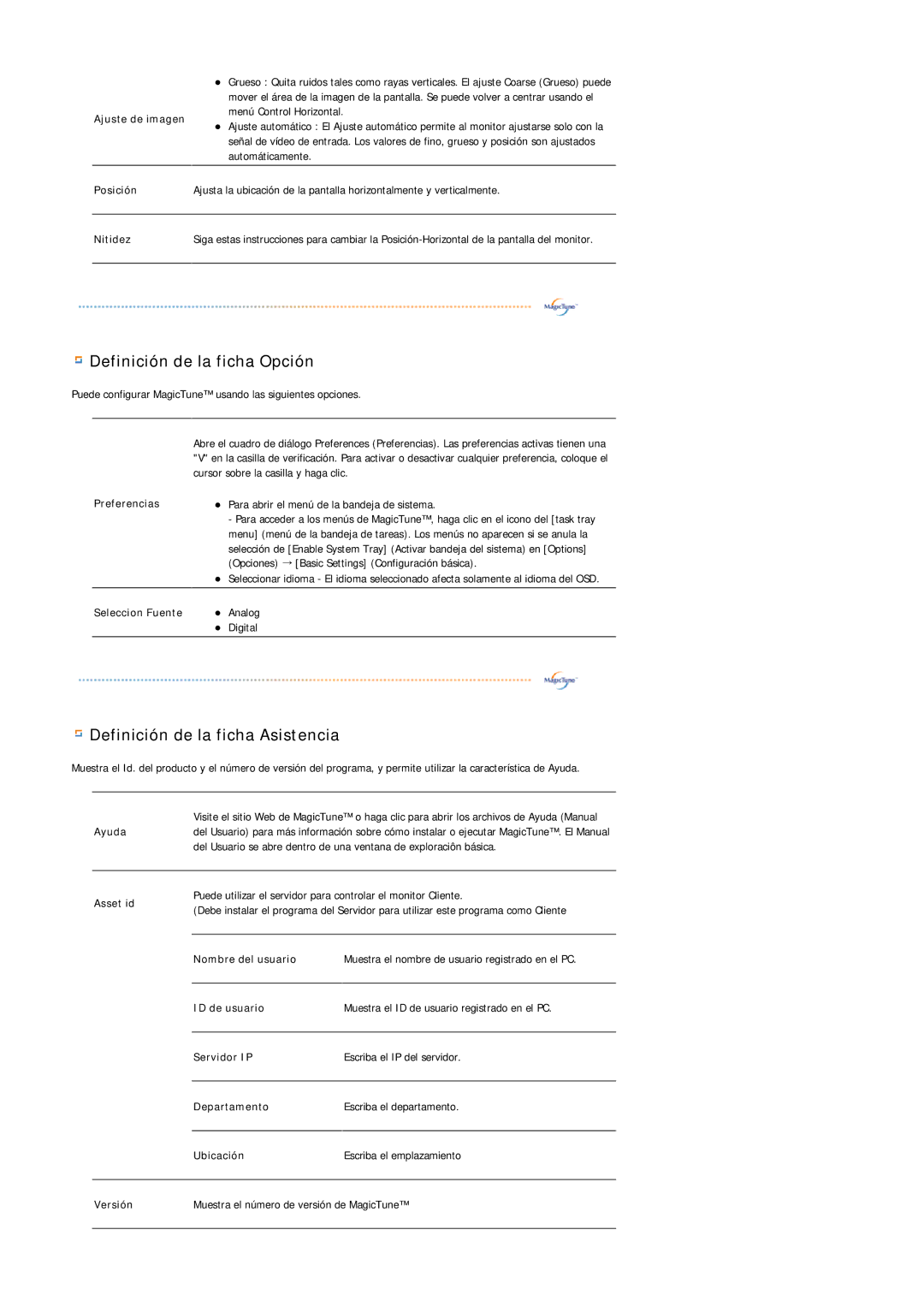 Samsung LS17HADKSX/EDC, LS19HADKSP/EDC, LS19HADKSE/EDC, LS17HADKSH/EDC manual Definición de la ficha Opción 