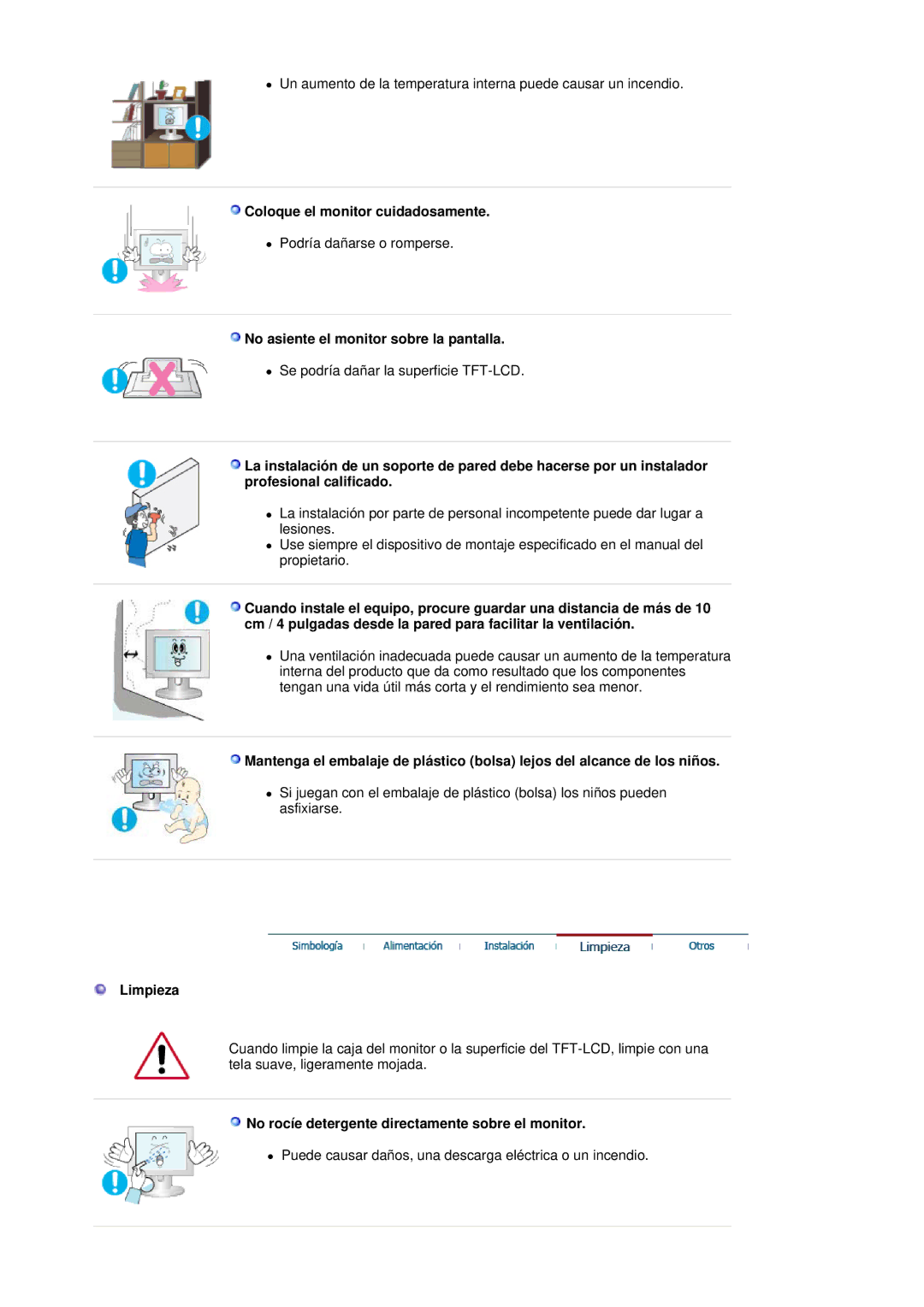 Samsung LS19HADKSE/EDC manual Coloque el monitor cuidadosamente, No asiente el monitor sobre la pantalla, Limpieza 