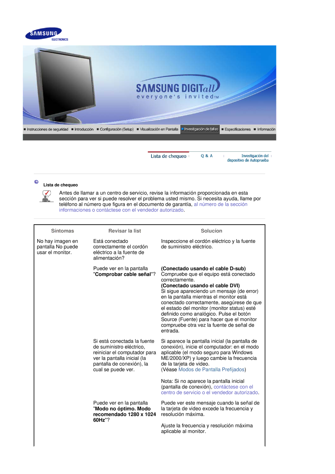 Samsung LS19HADKSE/EDC Síntomas, Revisar la list Solucíon, Conectado usando el cable D-sub, Conectado usando el cable DVI 