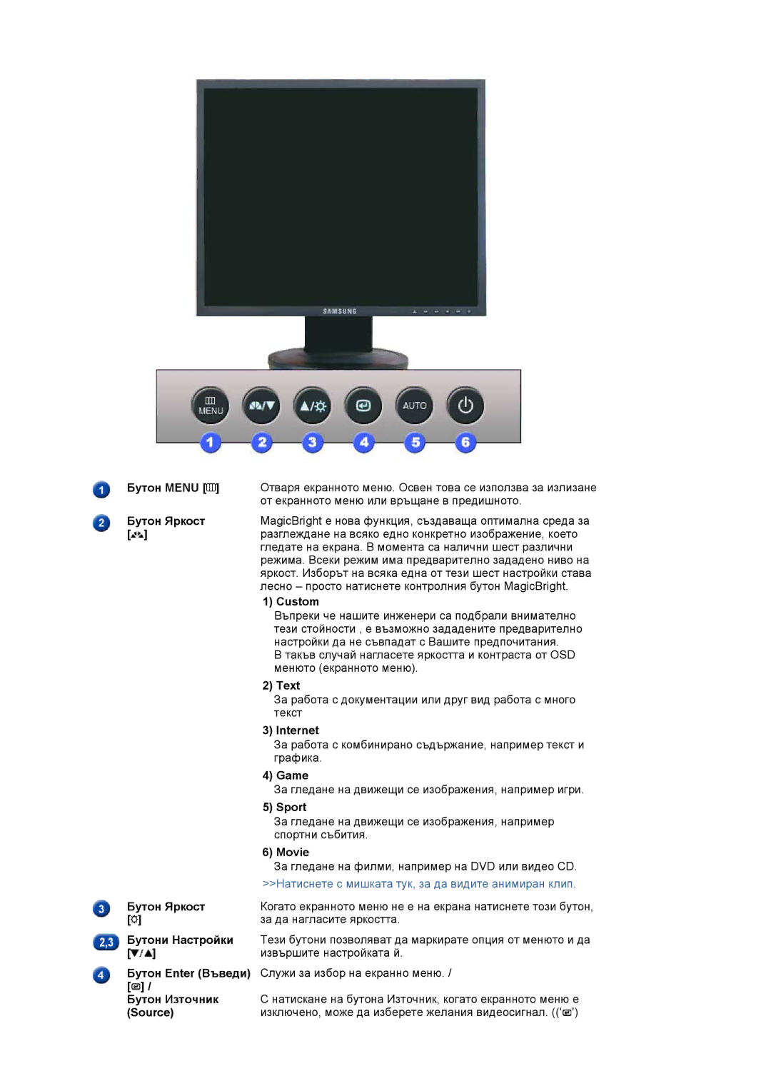 Samsung LS19HADKSP/EDC Бутон Menu, Бутон Яркост, Custom, Text, Internet, Game, Sport, Movie, Бутони Настройки, Source 