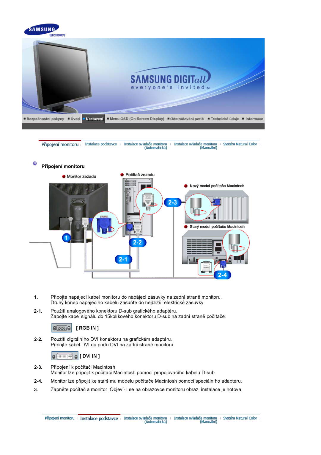 Samsung LS17HADKSX/EDC, LS19HADKSP/EDC, LS19HADKSE/EDC, LS17HADKSH/EDC manual Připojení monitoru, Rgb, Dvi 