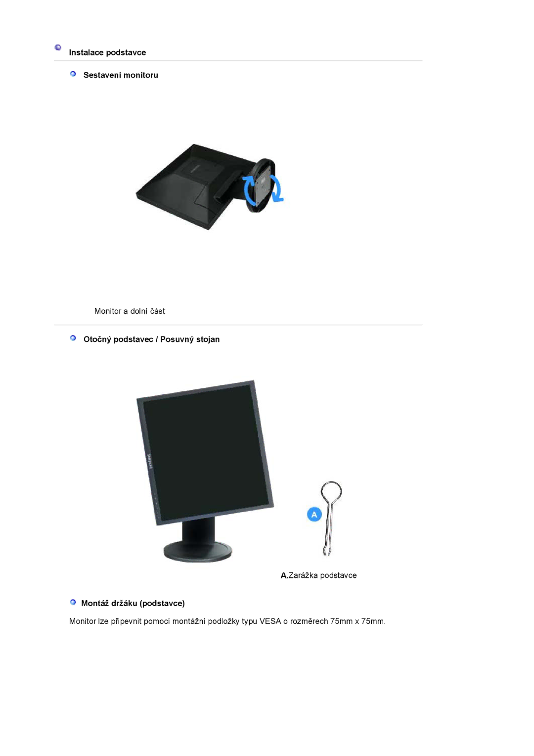 Samsung LS17HADKSH/EDC, LS19HADKSP/EDC, LS19HADKSE/EDC manual Instalace podstavce Sestavení monitoru, Montáž držáku podstavce 