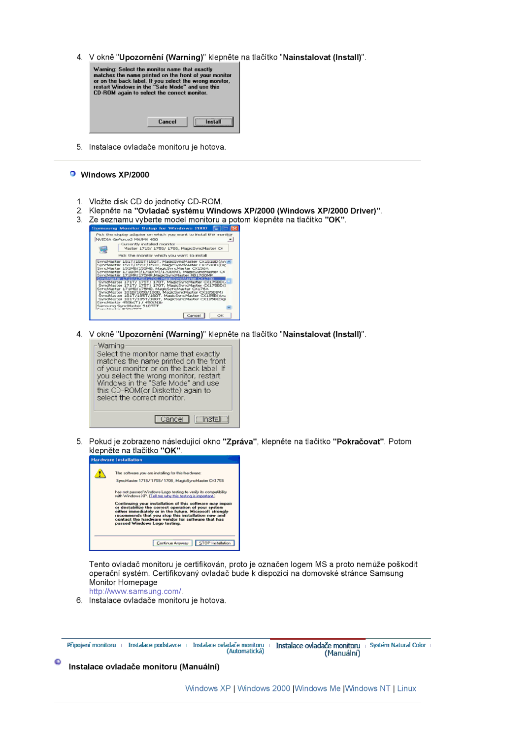 Samsung LS19HADKSE/EDC, LS19HADKSP/EDC, LS17HADKSX/EDC, LS17HADKSH/EDC Windows XP/2000, Instalace ovladače monitoru Manuální 