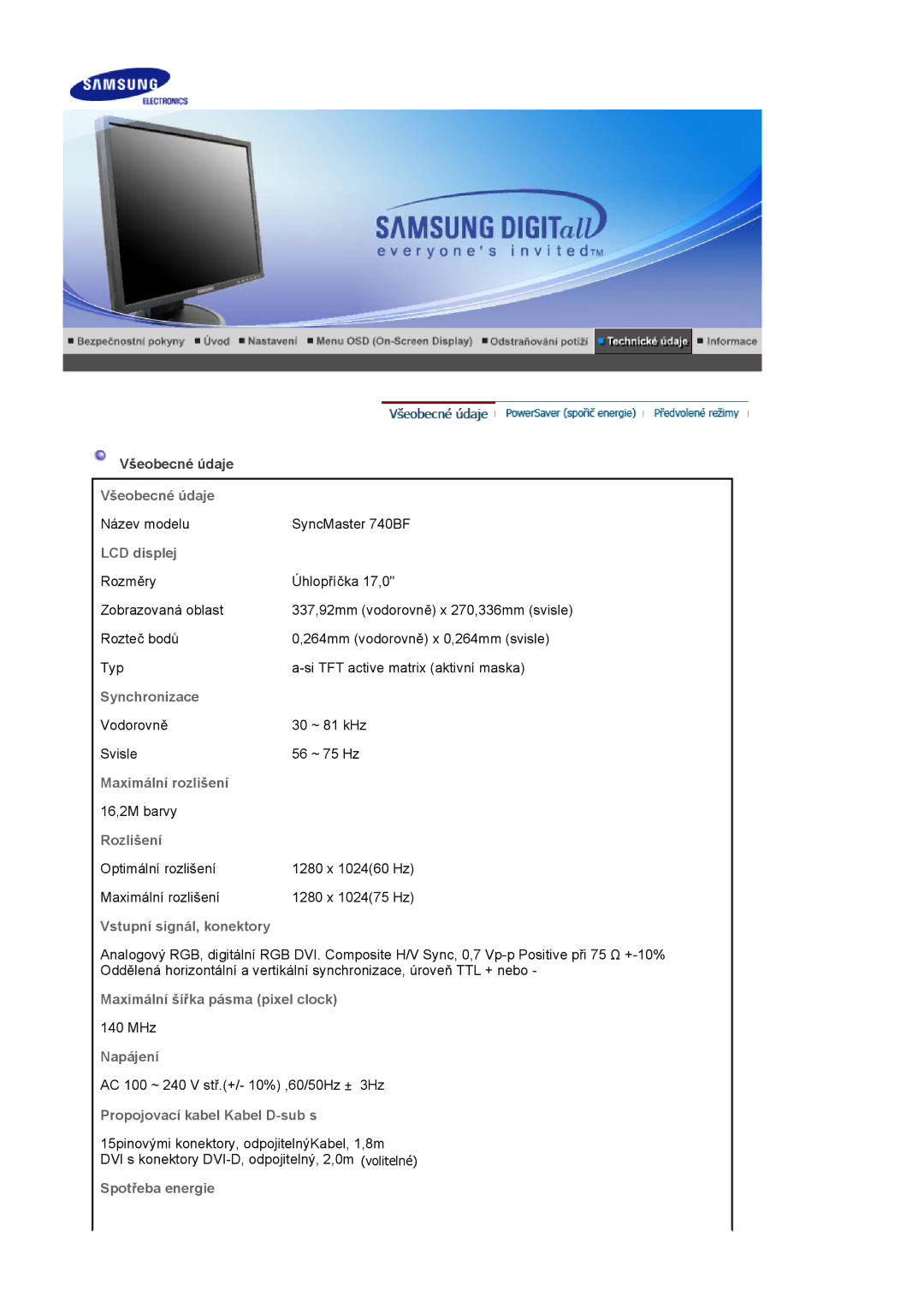 Samsung LS19HADKSE/EDC manual Všeobecné údaje, LCD displej, Synchronizace, Maximální rozlišení, Rozlišení, Napájení 
