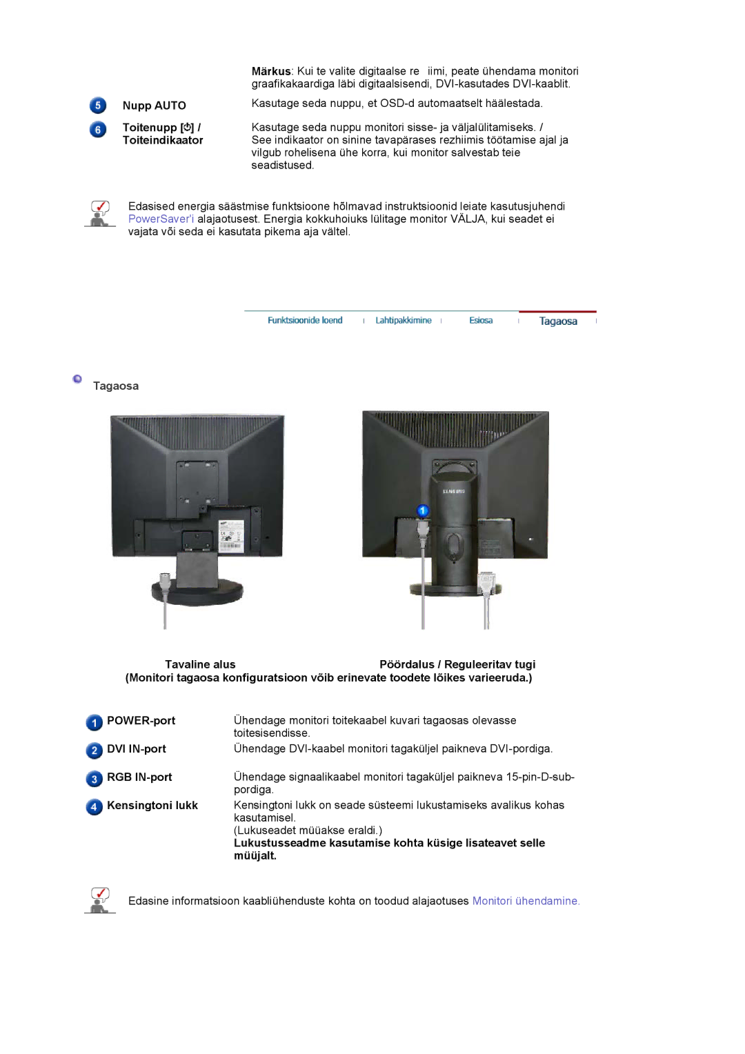 Samsung LS19HADKSE/EDC, LS19HADKSP/EDC manual Nupp Auto Toitenupp / Toiteindikaator, Tagaosa, Pordiga Kensingtoni lukk 