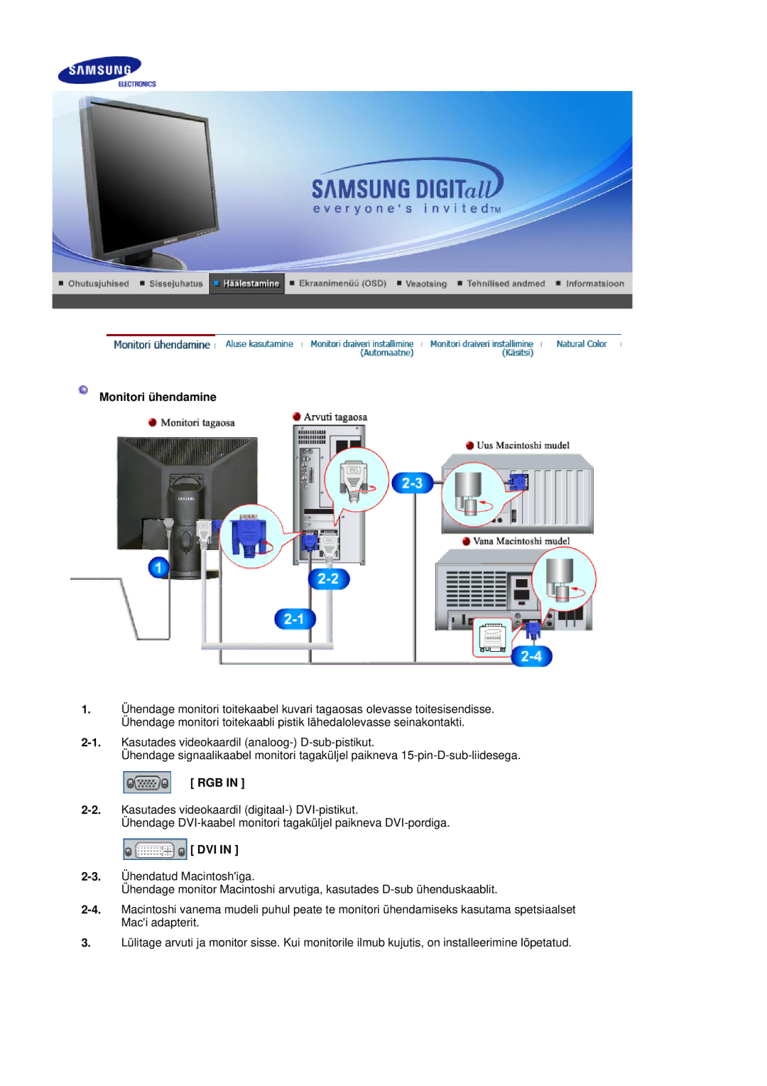 Samsung LS17HADKSX/EDC, LS19HADKSP/EDC, LS19HADKSE/EDC, LS17HADKSH/EDC manual Monitori ühendamine, Rgb, Dvi 