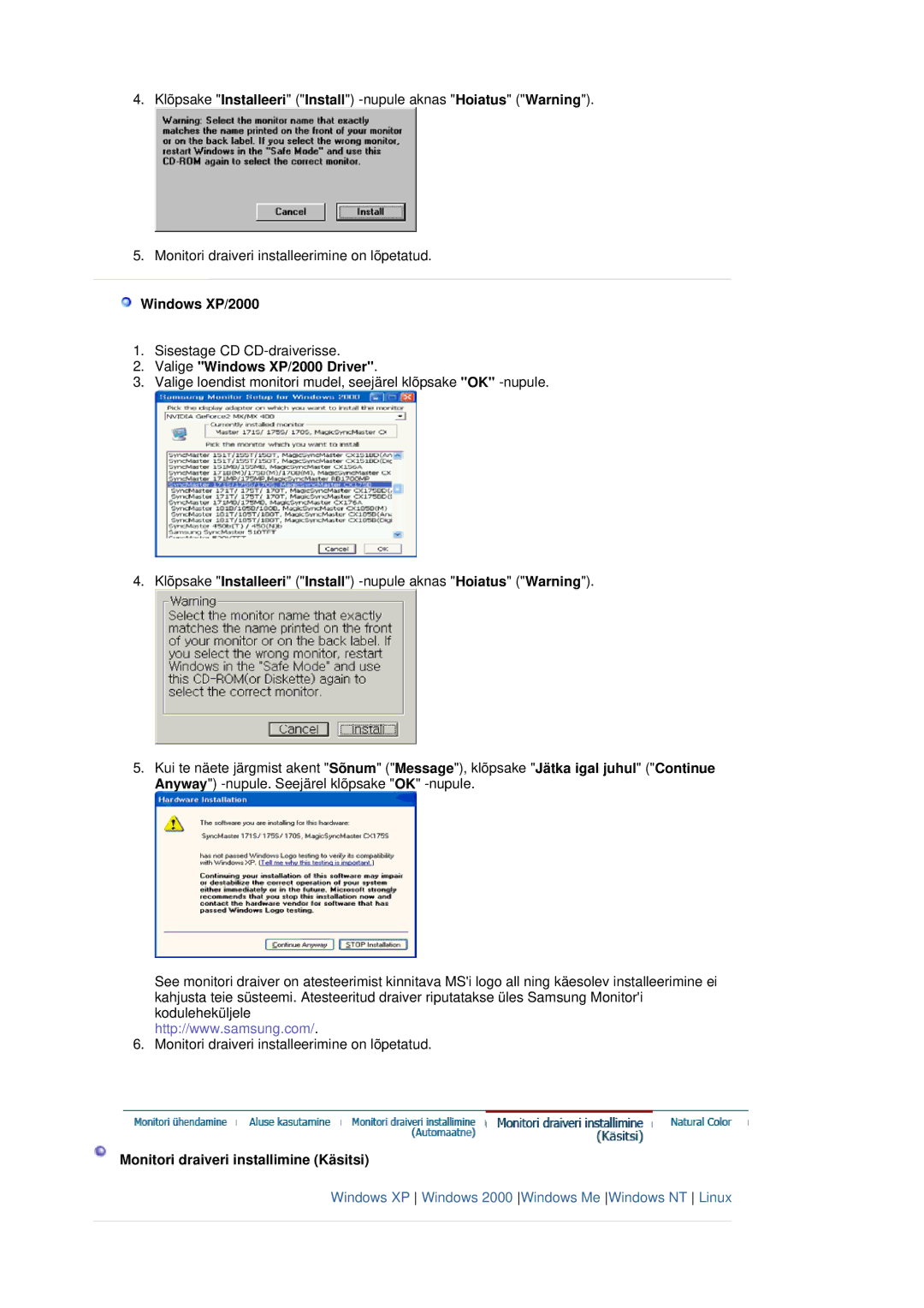 Samsung LS19HADKSE/EDC, LS19HADKSP/EDC manual Valige Windows XP/2000 Driver, Monitori draiveri installimine Käsitsi 