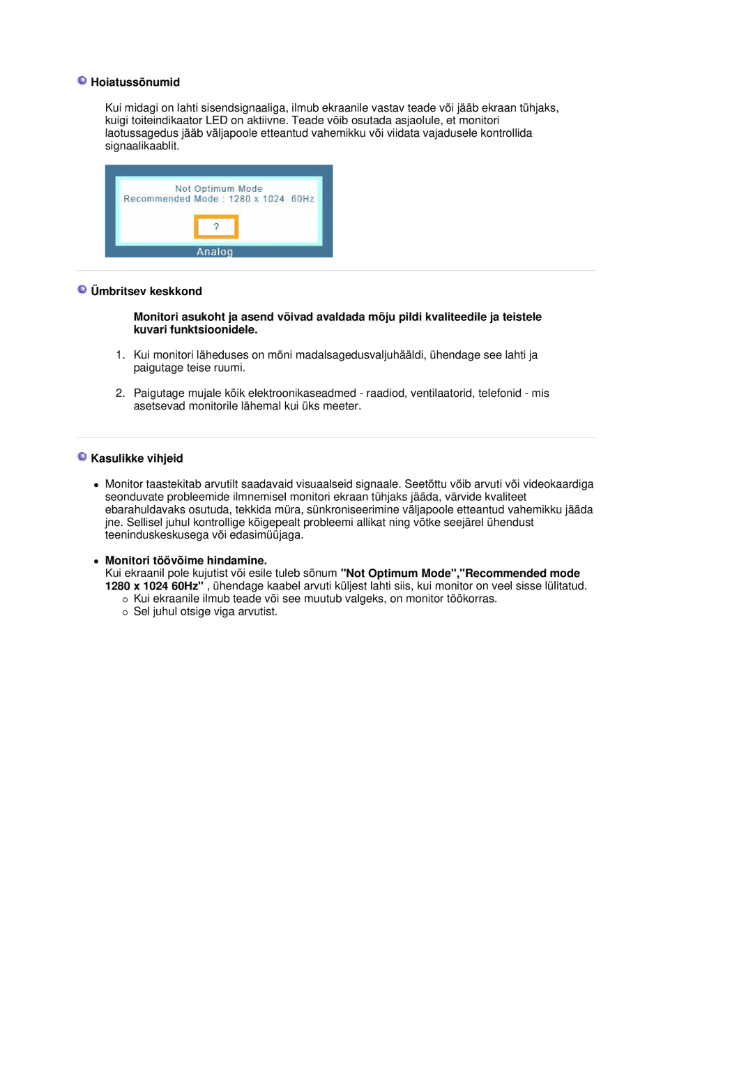 Samsung LS19HADKSP/EDC, LS19HADKSE/EDC, LS17HADKSX/EDC manual Hoiatussõnumid, Kasulikke vihjeid, Monitori töövõime hindamine 