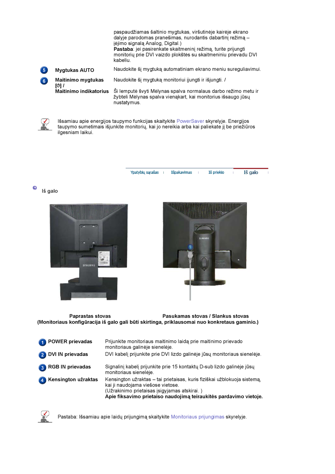 Samsung LS19HADKSE/EDC, LS19HADKSP/EDC, LS17HADKSX/EDC Mygtukas Auto Maitinimo mygtukas Maitinimo indikatorius, Iš galo 