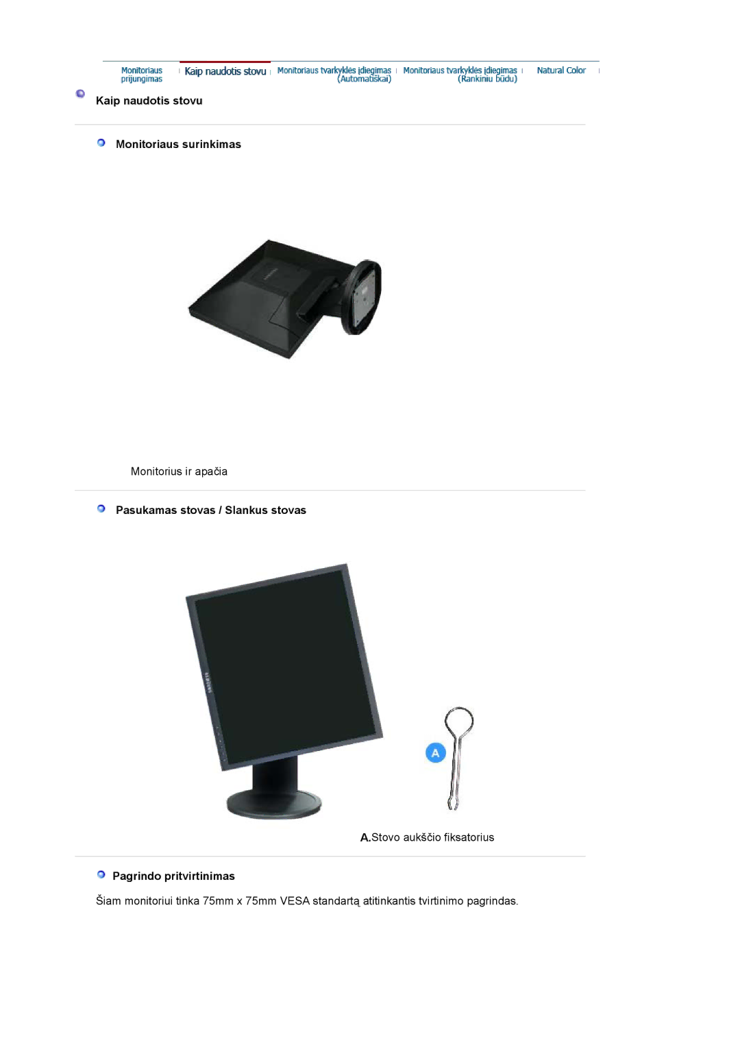 Samsung LS17HADKSH/EDC, LS19HADKSP/EDC manual Kaip naudotis stovu Monitoriaus surinkimas, Pasukamas stovas / Slankus stovas 