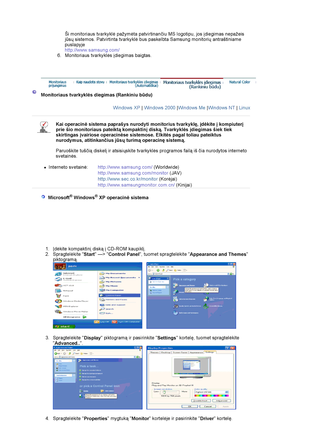 Samsung LS17HADKSX/EDC manual Monitoriaus tvarkyklės diegimas Rankiniu būdu, Microsoft Windows XP operacinė sistema 