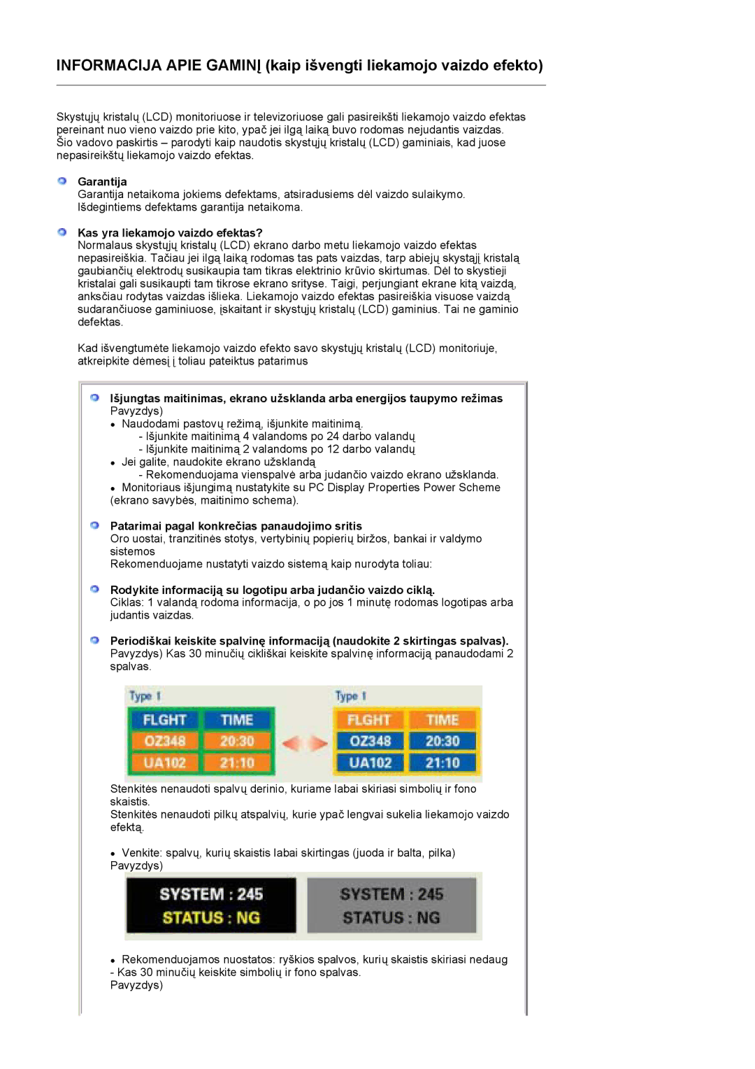 Samsung LS17HADKSX/EDC manual Garantija, Kas yra liekamojo vaizdo efektas?, Patarimai pagal konkrečias panaudojimo sritis 