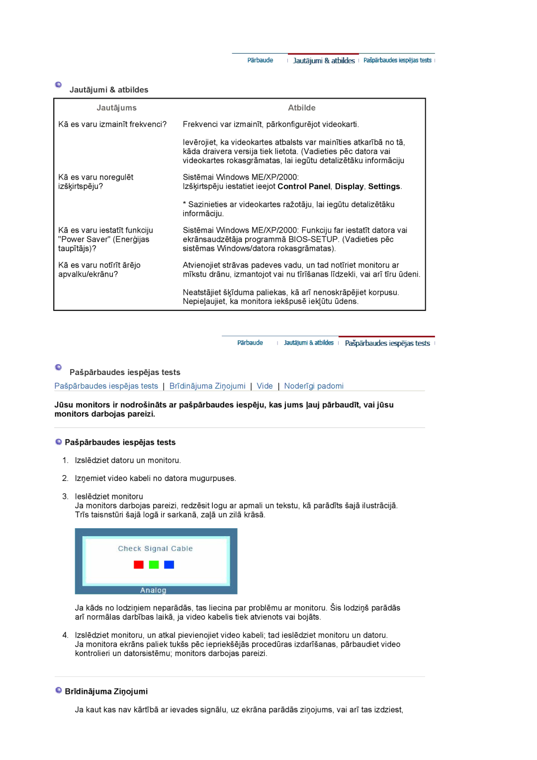 Samsung LS17HADKSH/EDC manual Jautājumi & atbildes, Jautājums, Atbilde, Pašpārbaudes iespējas tests, Brīdinājuma Ziņojumi 