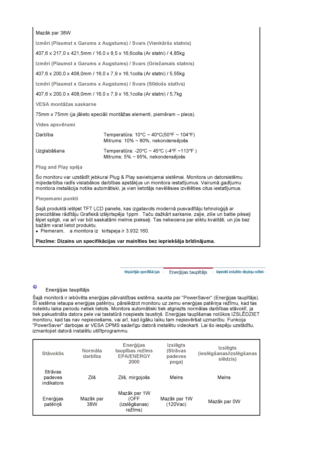 Samsung LS17HADKSX/EDC, LS19HADKSP/EDC, LS19HADKSE/EDC manual Enerģijas Izslēgts Normāla Taupības režīms, Padeves, Poga 