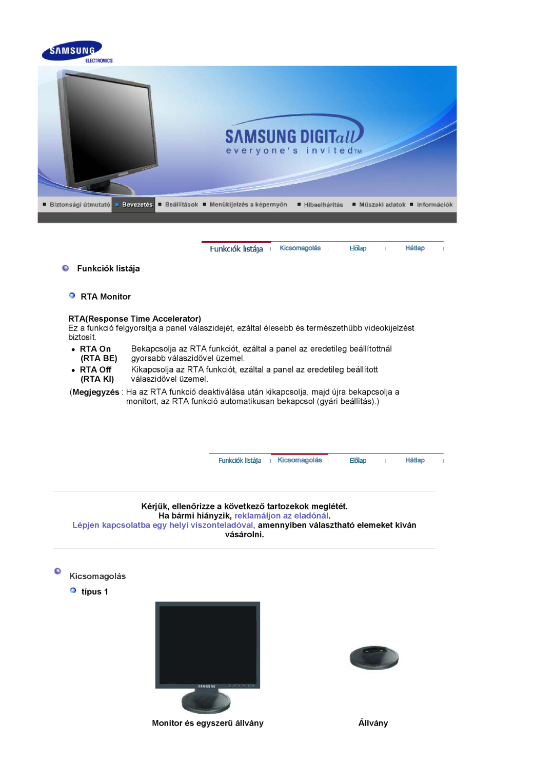 Samsung LS17HADKSX/EDC, LS19HADKSP/EDC Funkciók listája RTA Monitor RTAResponse Time Accelerator, Vásárolni, Kicsomagolás 