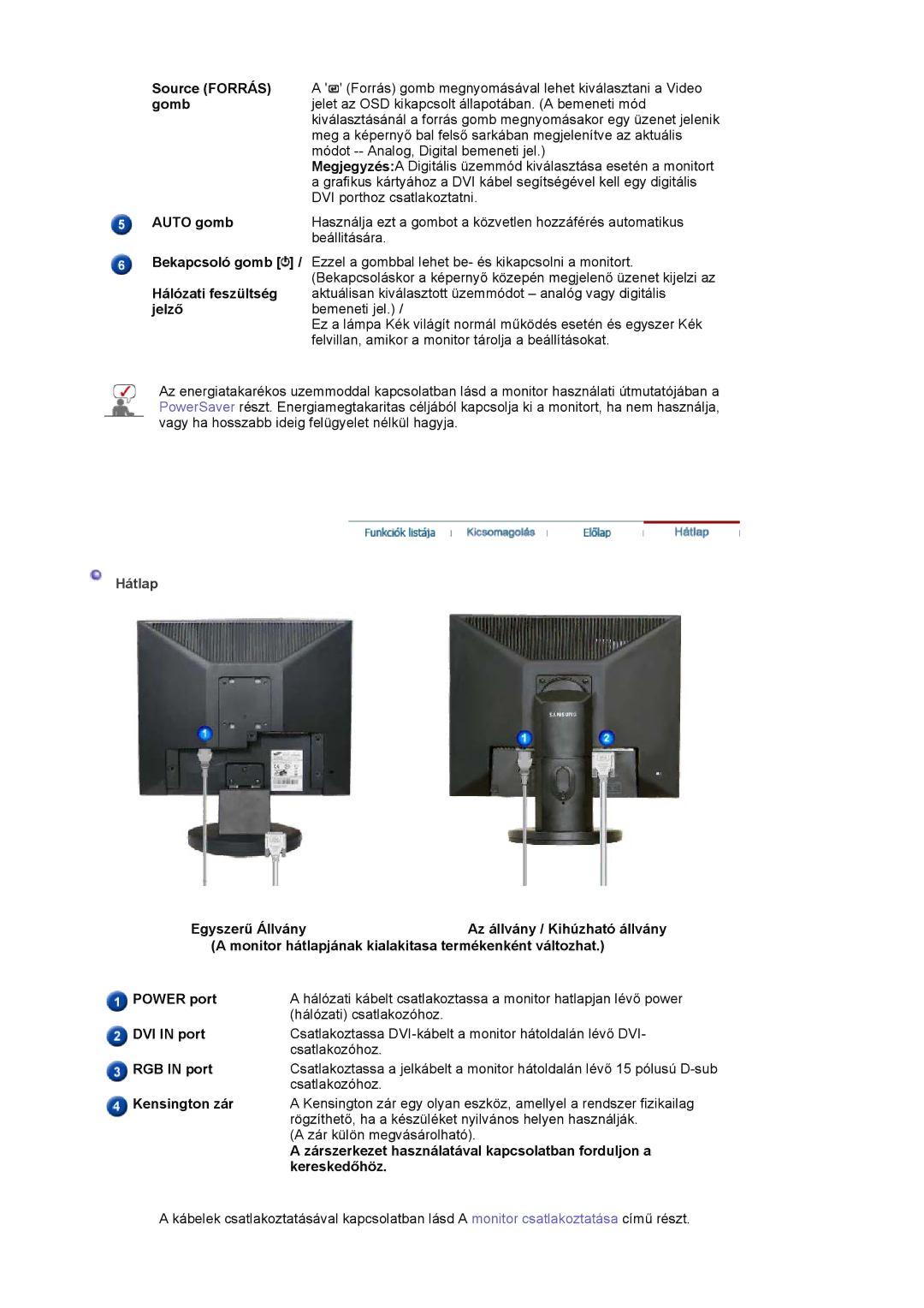 Samsung LS19HADKSE/EDC, LS19HADKSP/EDC, LS17HADKSX/EDC, LS17HADKSH/EDC manual Hátlap 