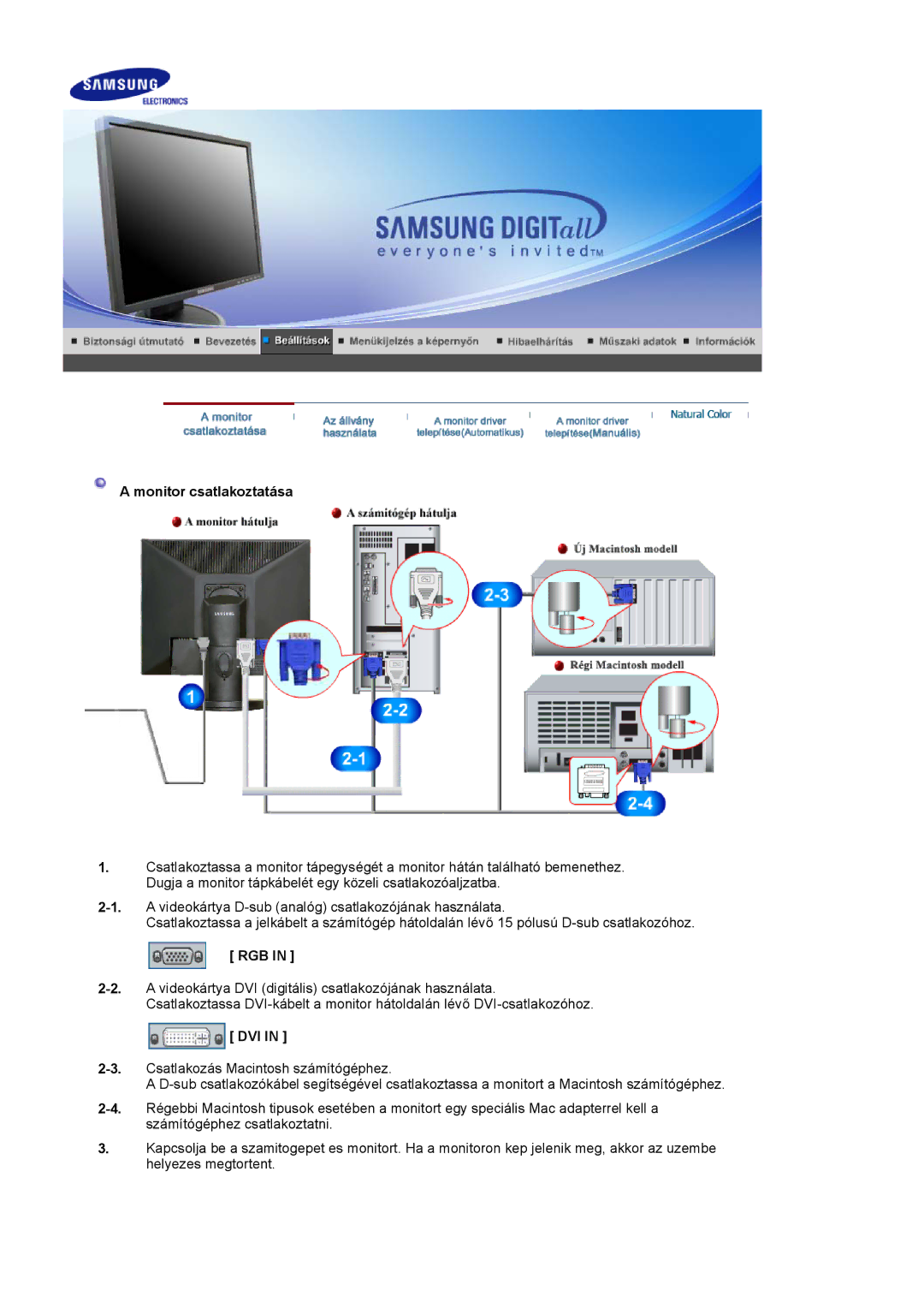 Samsung LS17HADKSH/EDC, LS19HADKSP/EDC, LS19HADKSE/EDC, LS17HADKSX/EDC manual Monitor csatlakoztatása, Rgb, Dvi 