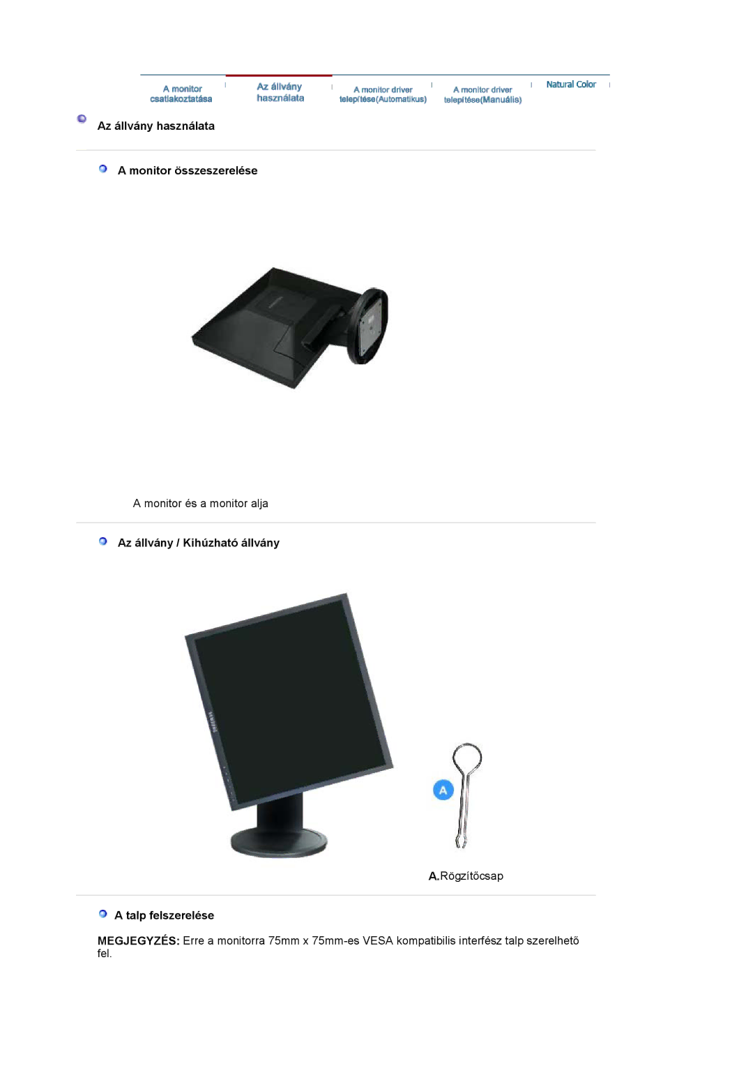 Samsung LS19HADKSP/EDC, LS19HADKSE/EDC, LS17HADKSX/EDC manual Az állvány használata Monitor összeszerelése, Talp felszerelése 