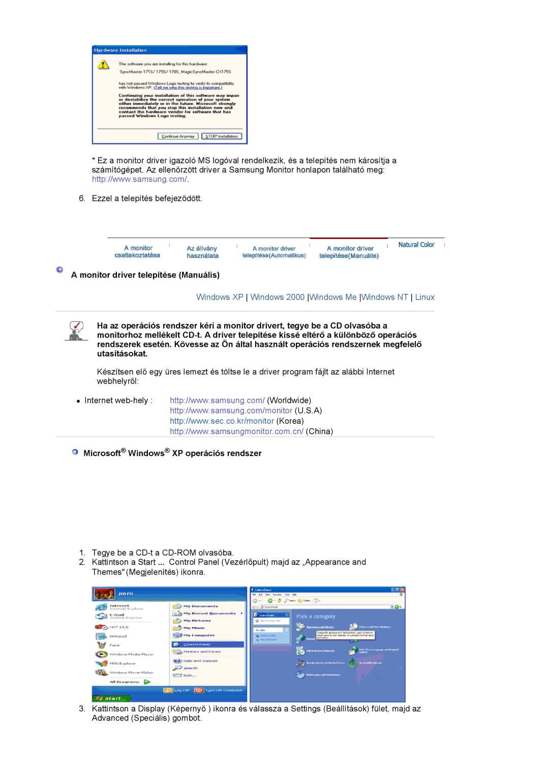 Samsung LS17HADKSH/EDC, LS19HADKSP/EDC manual Monitor driver telepítése Manuális, Microsoft Windows XP operációs rendszer 