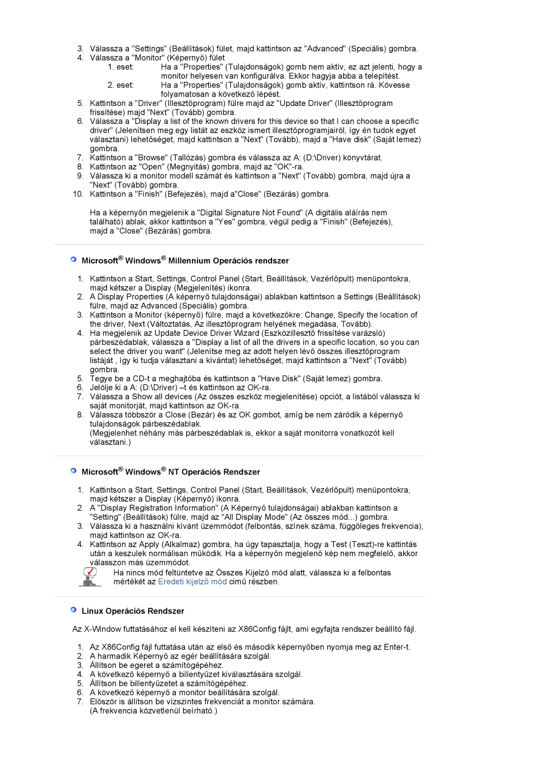 Samsung LS17HADKSX/EDC manual Microsoft Windows Millennium Operációs rendszer, Microsoft Windows NT Operációs Rendszer 