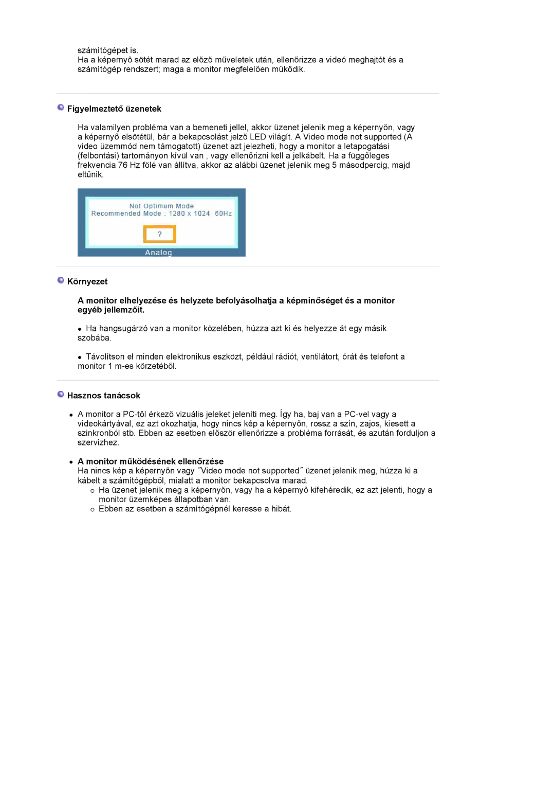 Samsung LS19HADKSE/EDC, LS19HADKSP/EDC manual Figyelmeztető üzenetek, Hasznos tanácsok, Monitor működésének ellenőrzése 