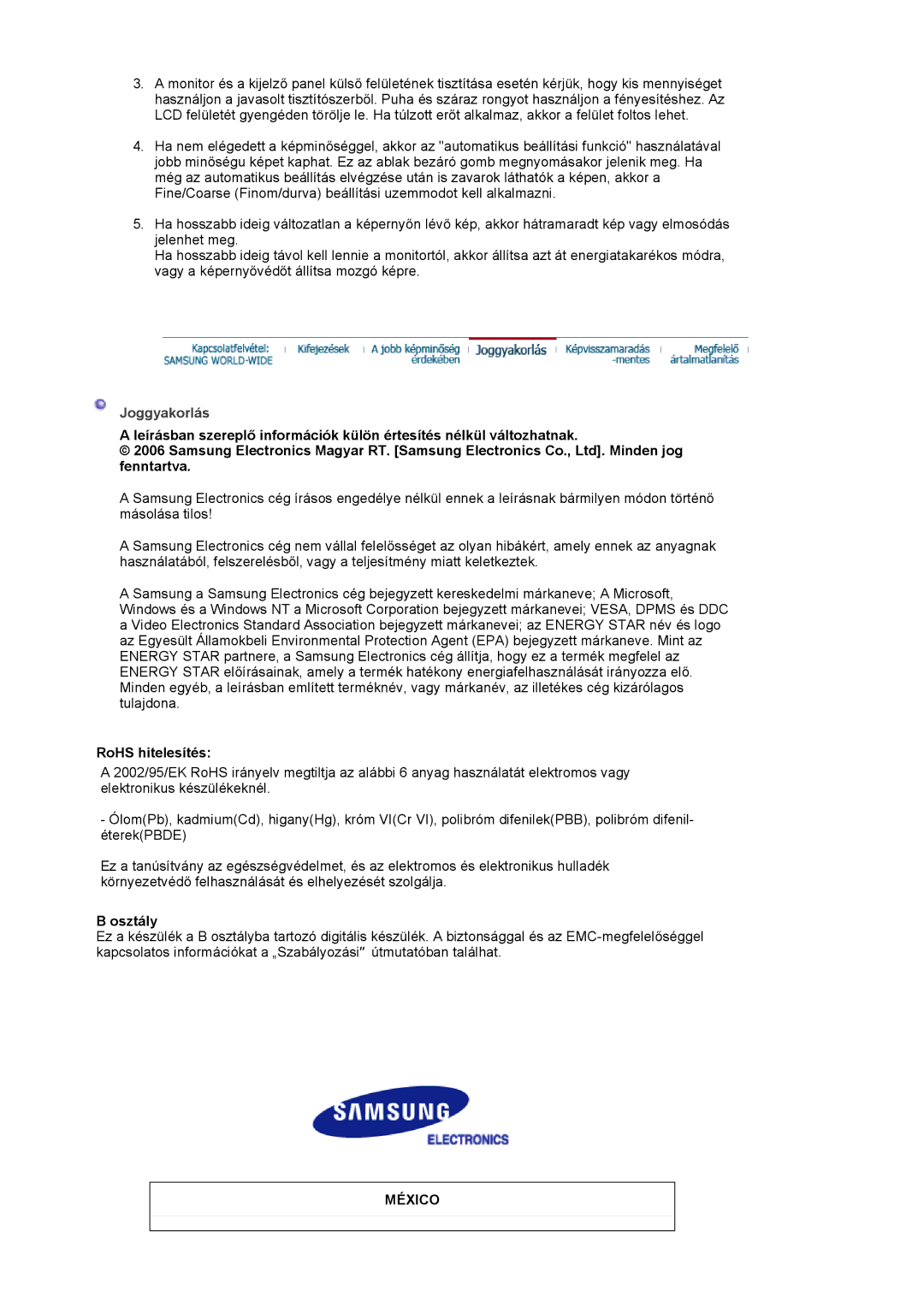 Samsung LS19HADKSE/EDC, LS19HADKSP/EDC, LS17HADKSX/EDC, LS17HADKSH/EDC manual Joggyakorlás, RoHS hitelesítés, Osztály 