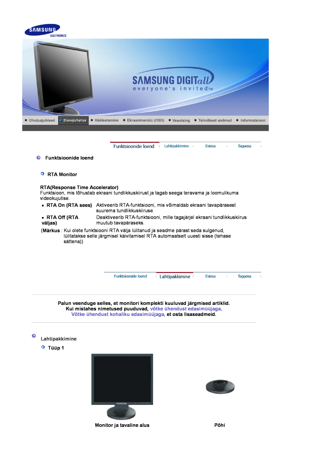 Samsung LS17HADKSX/EDC, LS19HADKSP/EDC manual Lahtipakkimine, Võtke ühendust kohaliku edasimüüjaga, et osta lisaseadmeid 