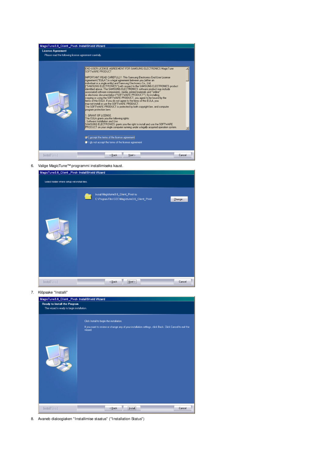 Samsung LS17HADKSH/EDC, LS19HADKSP/EDC manual Valige MagicTune programmi installimiseks kaust, 7. Klõpsake Installi 